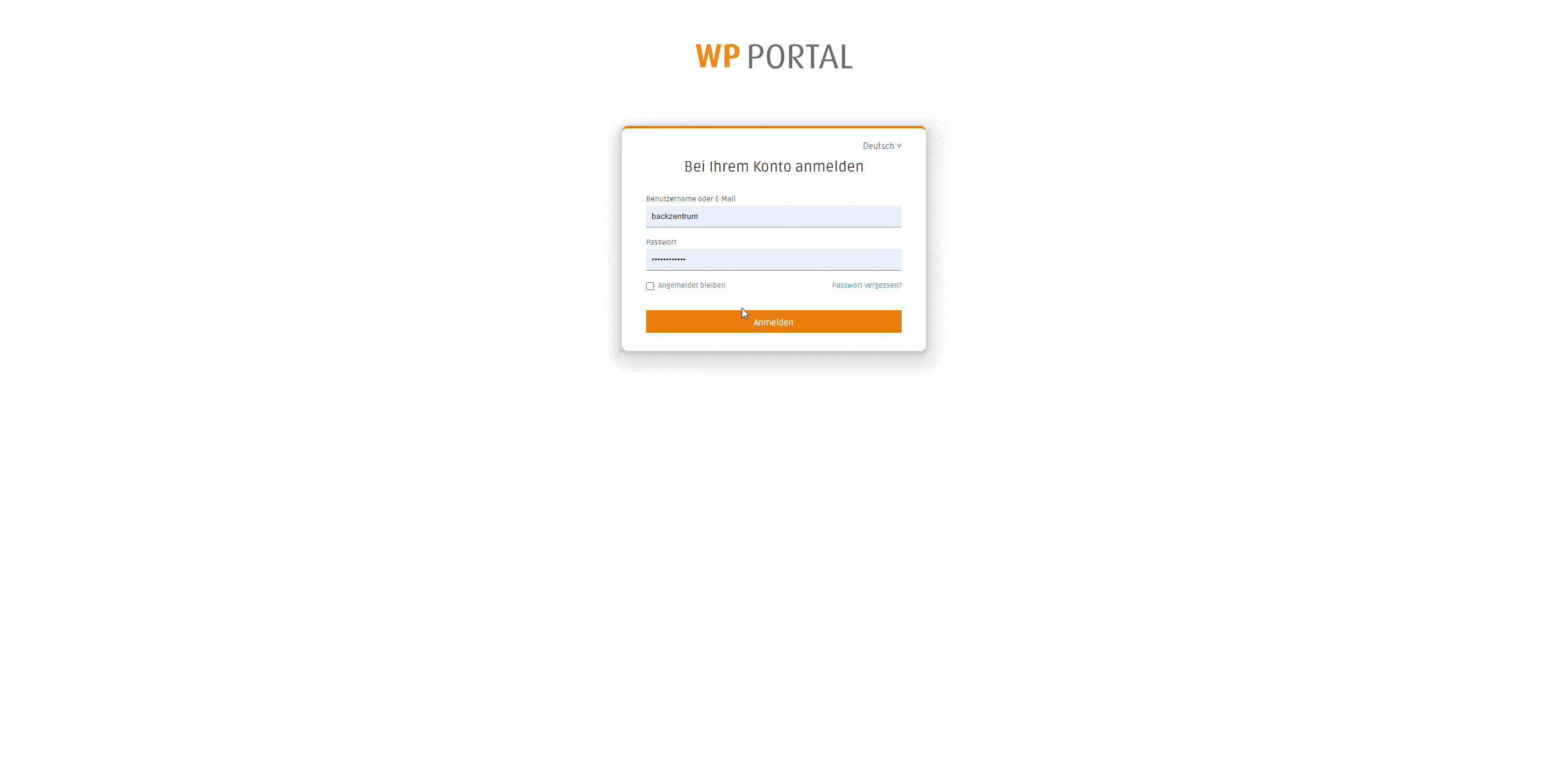 Anmeldeseite für das WP-Portal auf Deutsch. Felder für Benutzername und Passwort, ein Kontrollkästchen, um angemeldet zu bleiben, und Schaltflächen für „Anmelden“, „Passwort vergessen?“ und Sprachauswahl.