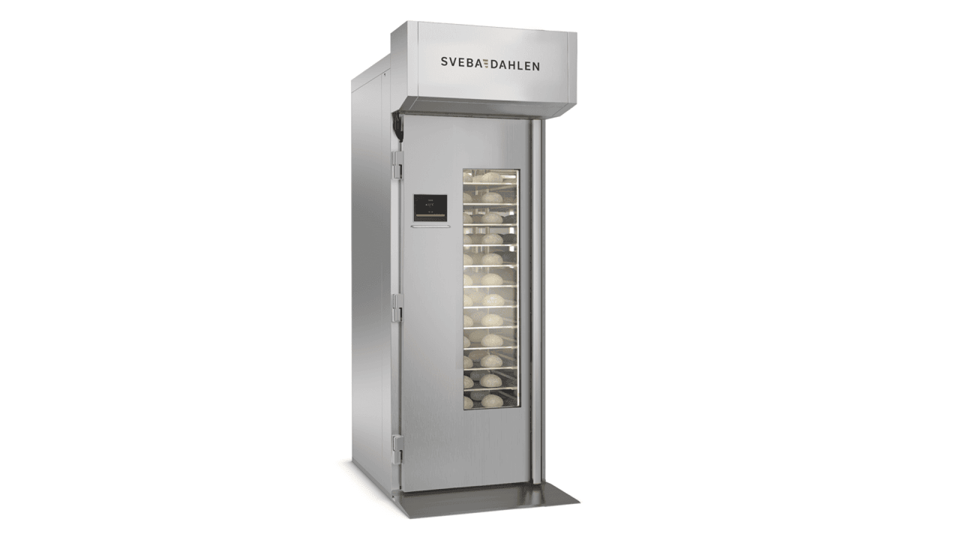 Ein kommerzieller Bäckereigarer aus Edelstahl mit einer Glastür, die den Blick auf die Teigschalen im Inneren freigibt. Die Maschine ist oben mit Sveba Dahlen beschriftet und hat ein digitales Bedienfeld auf der Vorderseite.