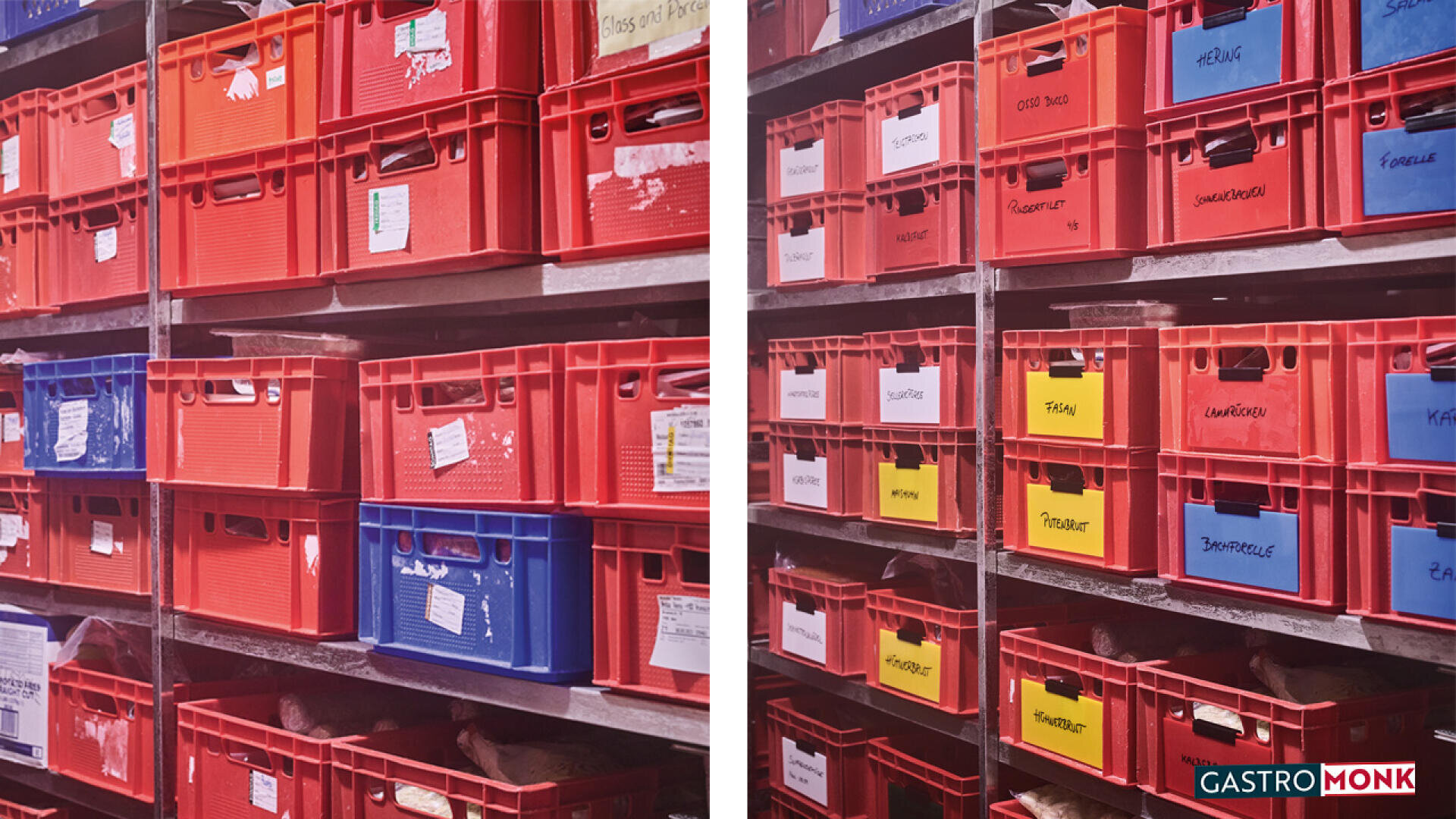 Zwei Regale voller roter Plastikkisten, einige mit handschriftlichen Etiketten versehen. Der Bereich auf der linken Seite wirkt weniger geordnet, während der Bereich auf der rechten Seite ordentlicher geordnet und beschriftet ist. Das "Gastro Monk"-Logo befindet sich in der unteren rechten Ecke.