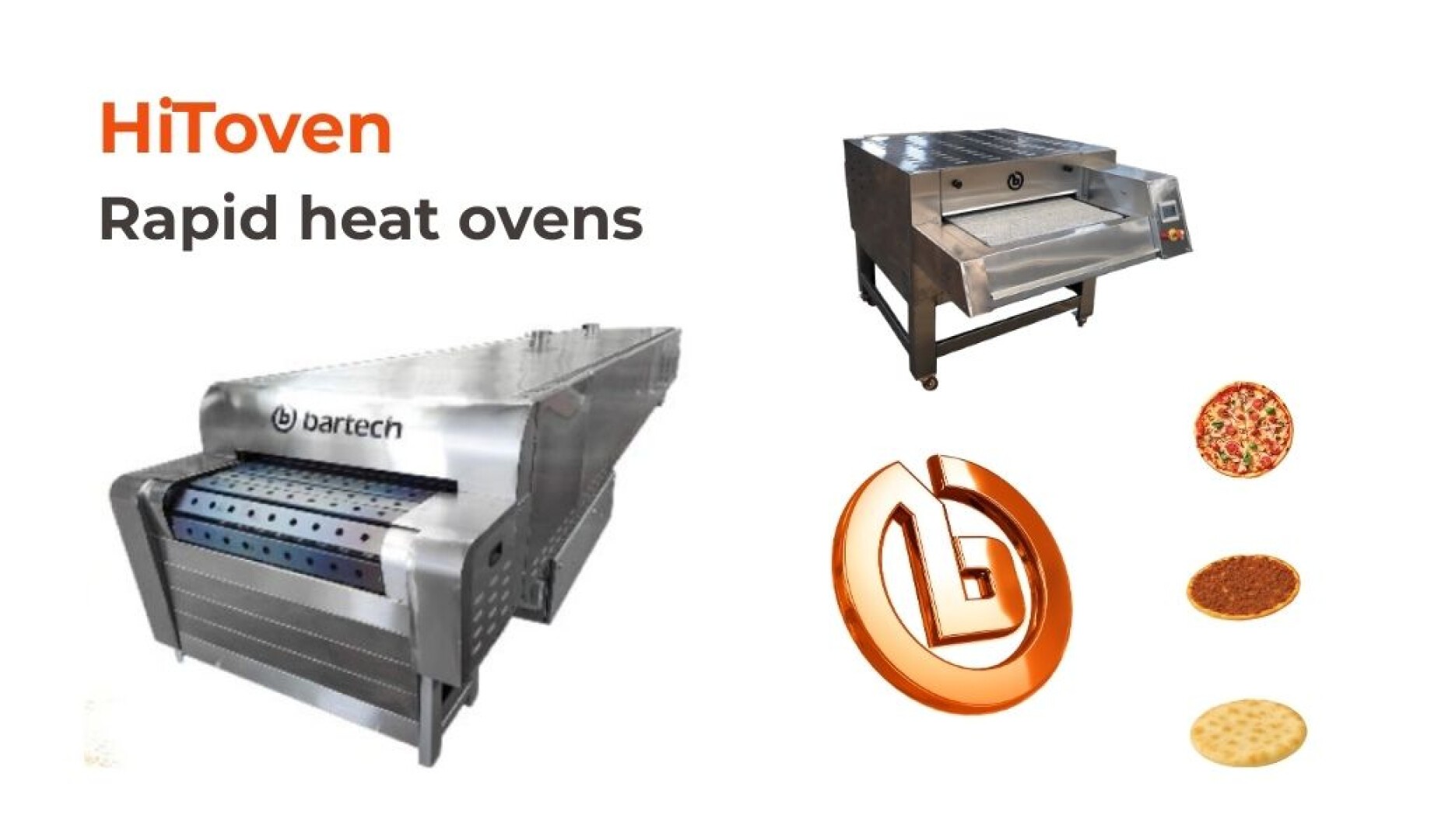 Two stainless steel rapid heat ovens, the HiToven by Bartech, are shown alongside images of a pizza, a cooked base, an uncooked base, and the Bartech logo. Text reads: HiToven Rapid heat ovens.