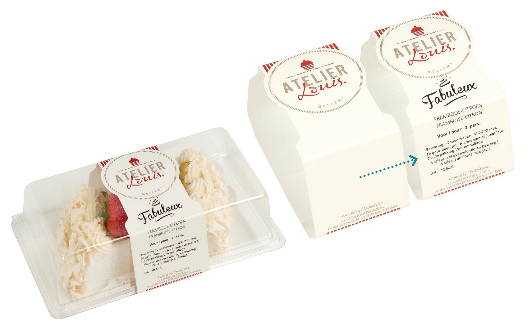 A clear plastic container with two slices of cake, labeled “L’Atelier Louis, Le Fabuleux, Framboise-Citron.” Next to it are two folded paper package designs with the same branding and cake information.