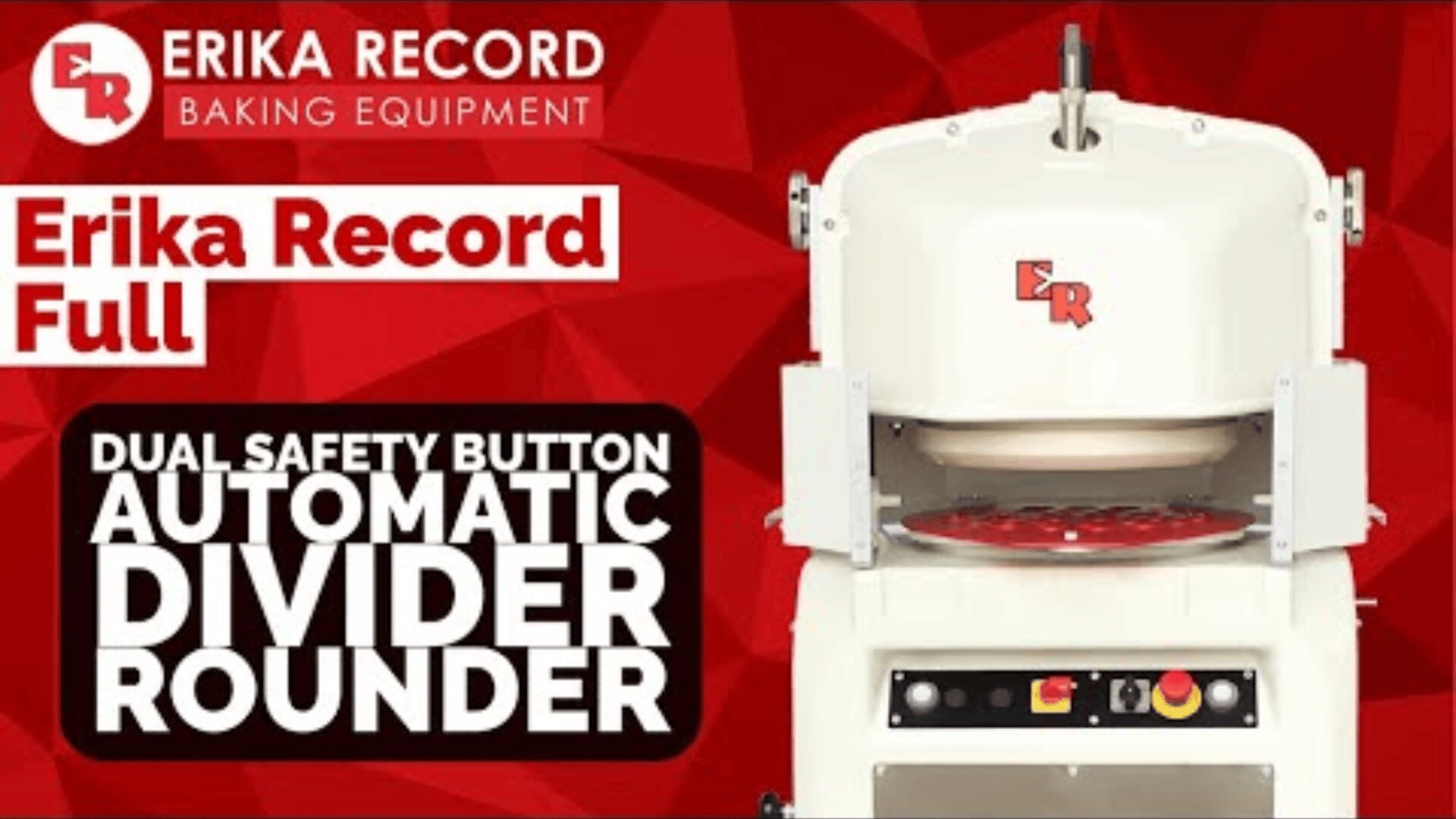 Auf rotem Hintergrund ist eine automatische Trennmaschine von Erika Record mit einem Text abgebildet, der für die doppelte Sicherheitstaste und das Branding von Erika Record Baking Equipment wirbt.