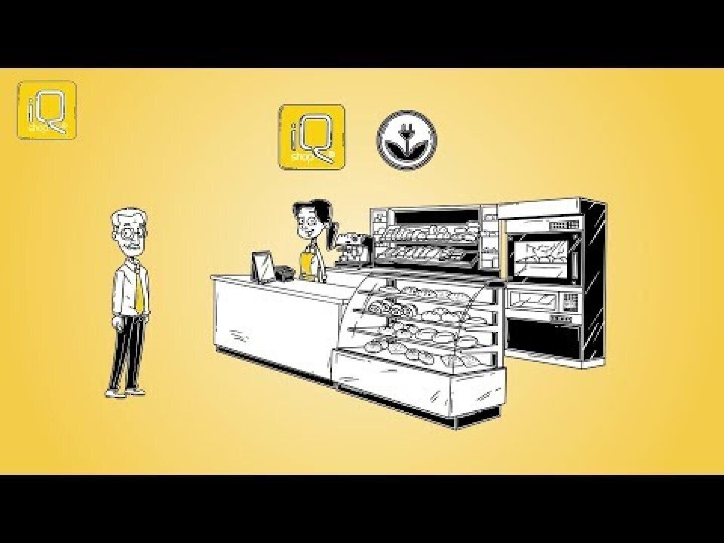Illustration einer Bäckertheke mit einem Kassierer, der hinter der Kasse steht, und einem Kunden, der davor steht. In den Regalen hinter der Theke sind verschiedene Backwaren ausgestellt. Der Hintergrund ist gelb mit Icons und einem Bäckereisymbol darüber.