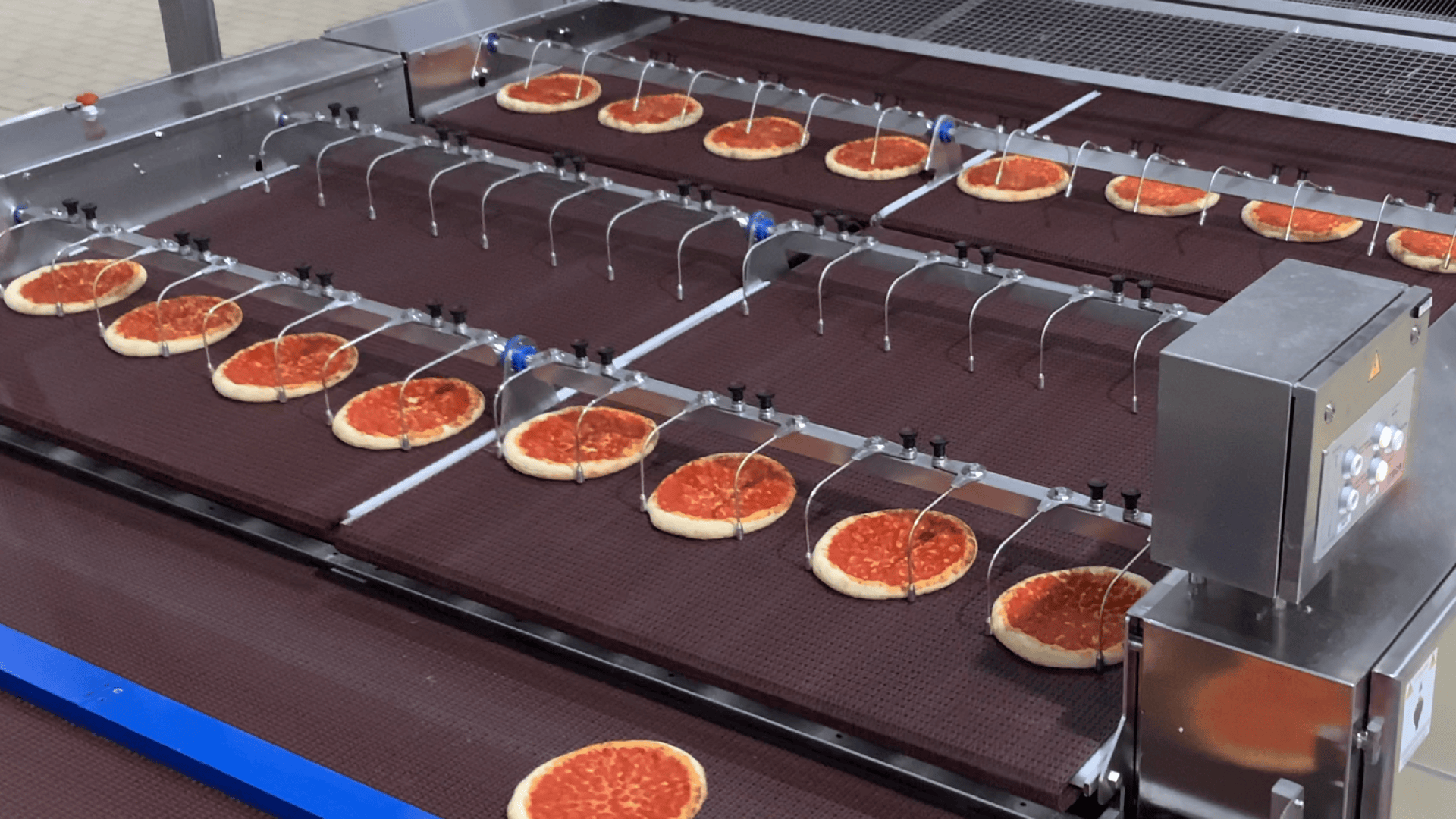 Rows of small, uncooked pizzas with tomato sauce move along a conveyor belt in a food processing factory, passing through automated machinery for further production.