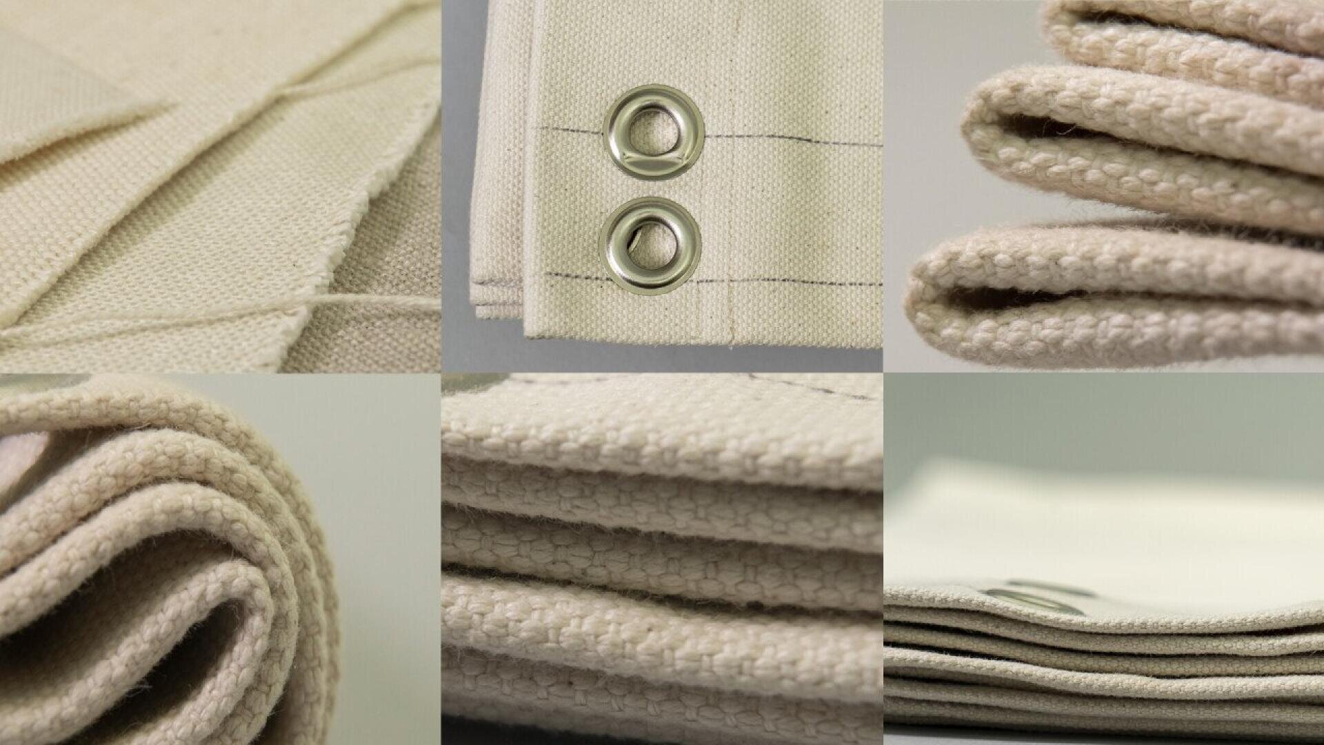 Eine Collage aus Nahaufnahmen von cremefarbenem Canvas-Stoff, Metallösen, Nähten und sauber gefalteten Lagen, die die Textur und Haltbarkeit des Materials hervorheben.