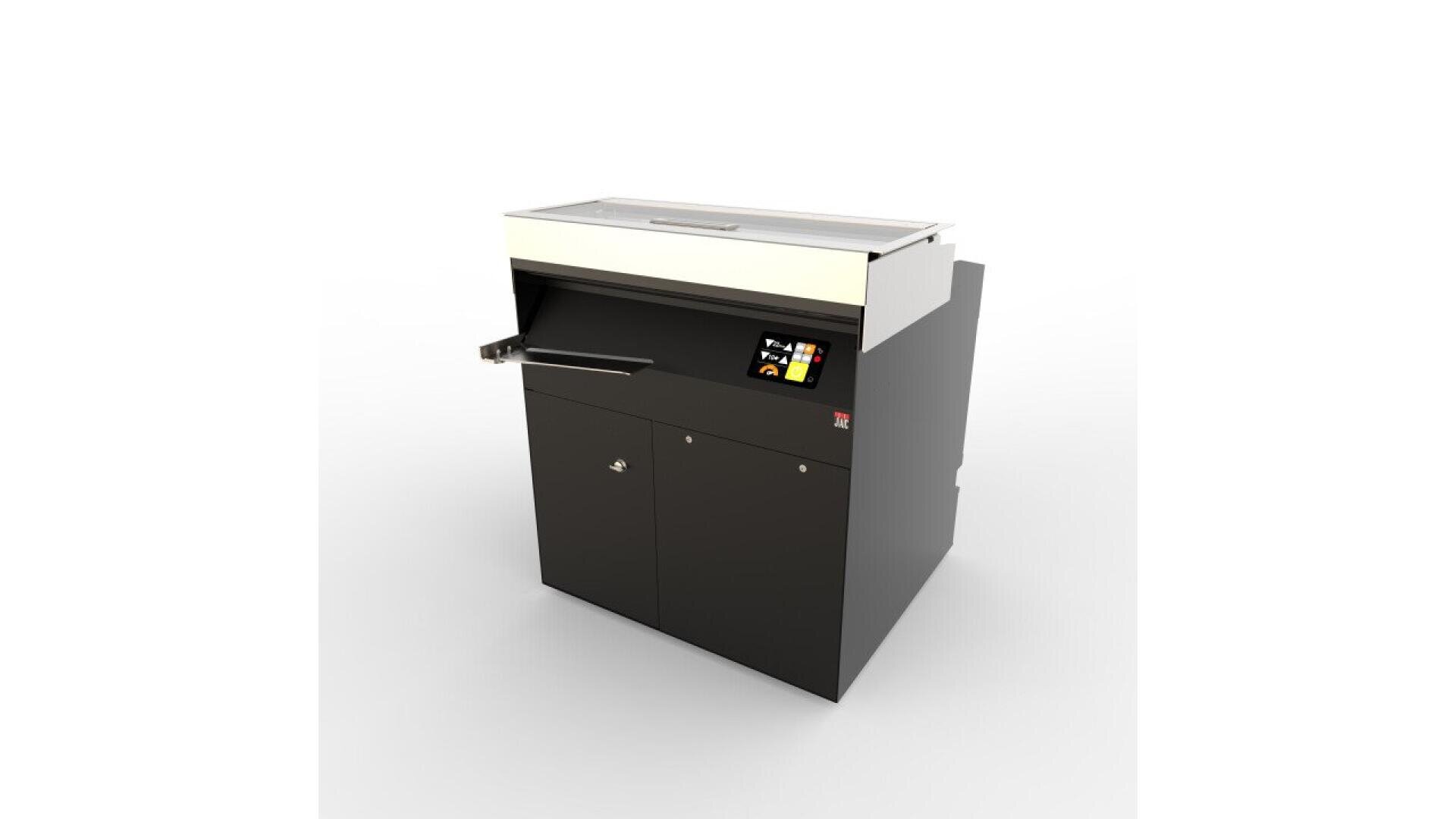 A black and white industrial machine with a control panel and display screen on the right side, two cabinet doors at the bottom, and a flat top surface, set against a plain white background.