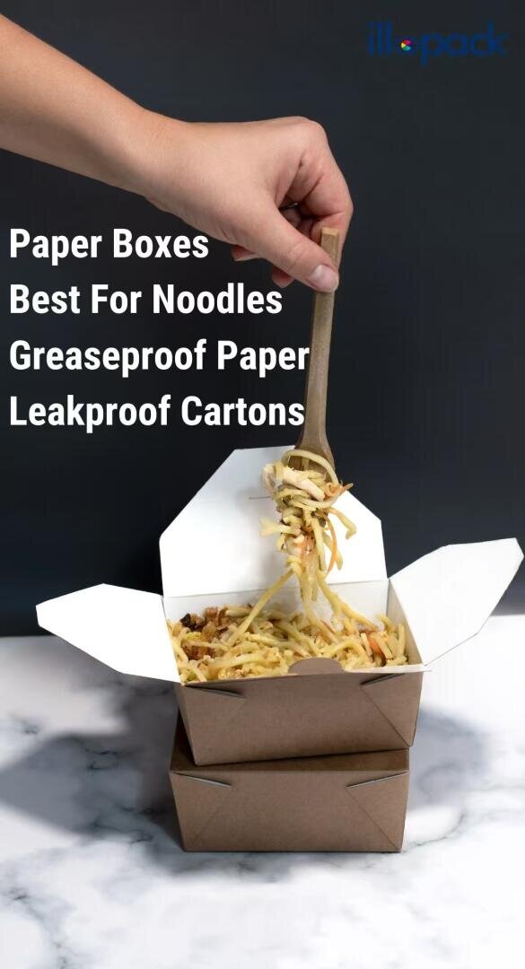A hand lifts noodles with a fork from an open brown paper food box stacked on another box. White text reads: Paper Boxes Best For Noodles Greaseproof Paper Leakproof Cartons.
