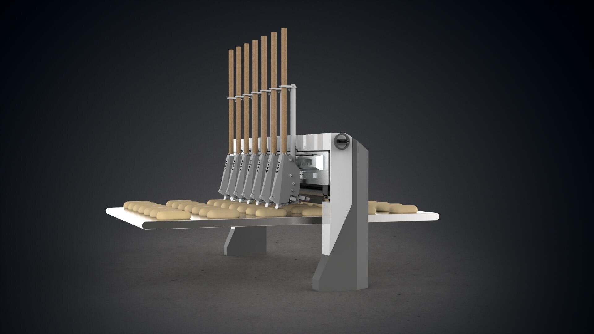 A modern industrial machine with multiple wooden rods and metal components processes rows of dough pieces on a conveyor belt, set against a dark background.