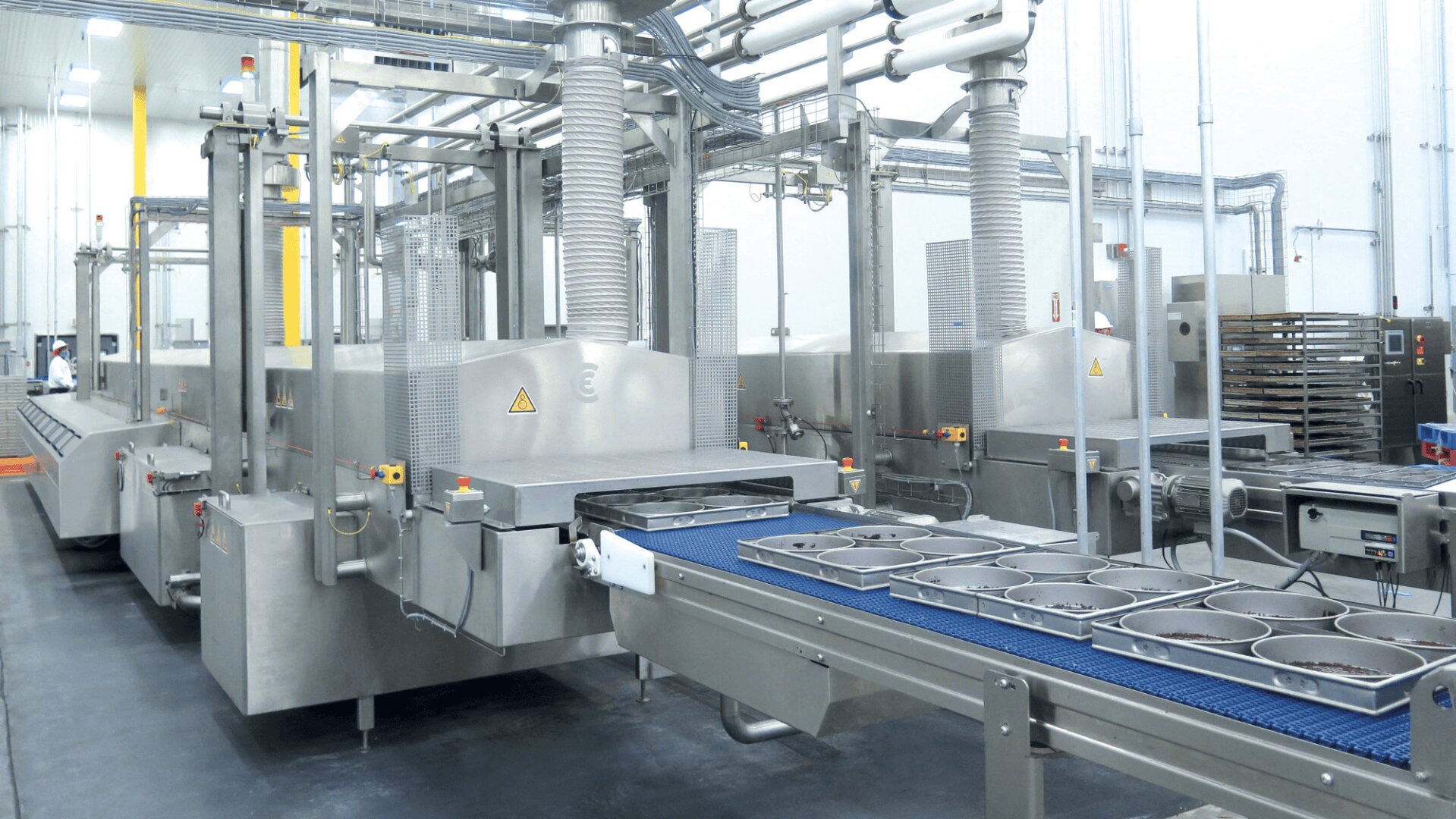 Ein moderner industrieller Lebensmittelbetrieb mit Maschinen aus rostfreiem Stahl, Förderbändern und Tabletts, die sich entlang einer automatisierten Produktionslinie in einer sauberen, hell erleuchteten Anlage bewegen.