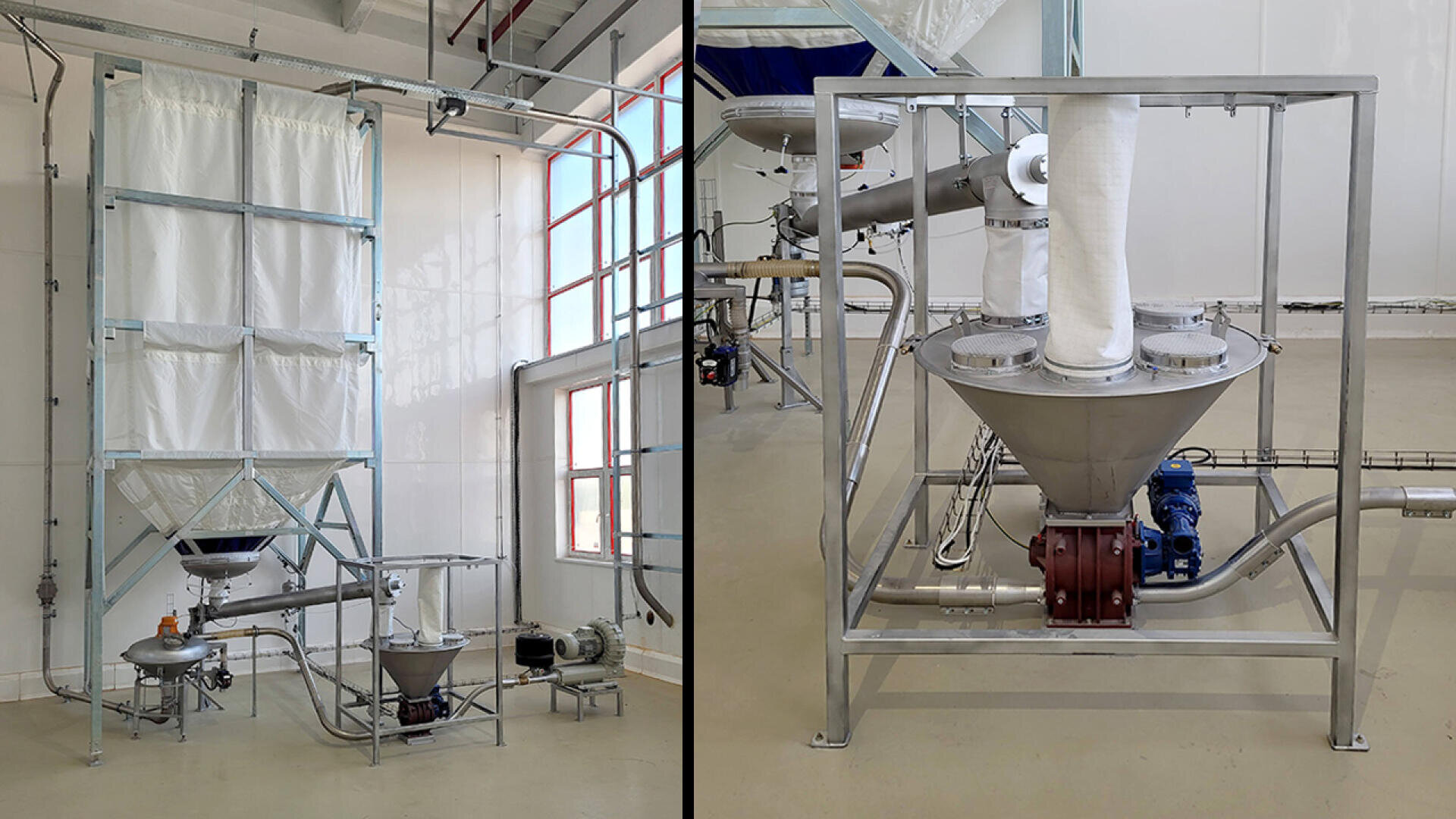 Zwei Ansichten einer Industrieanlage mit einem großen weißen Stoffbehälter, der von einem Metallrahmen getragen wird, sowie Rohren, Ventilen und einem Motor, aufgestellt in einer sauberen Anlage mit weißen Wänden und beigem Boden.