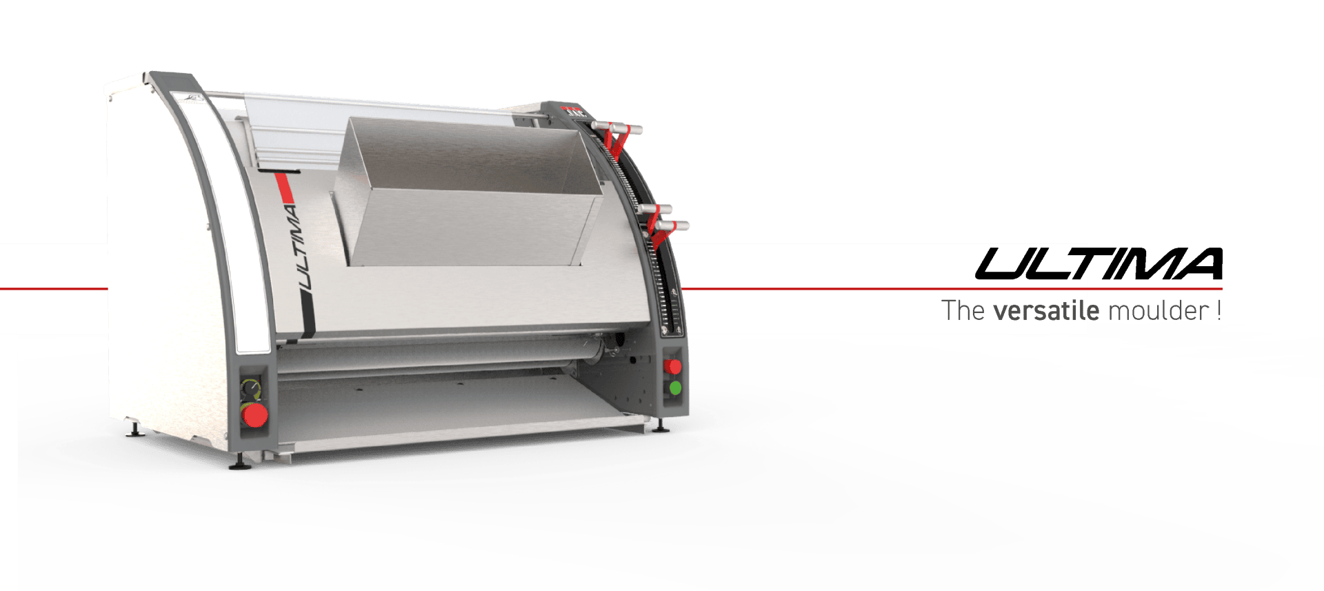 A silver industrial bread moulder machine labeled ULTIMA is shown with red accents. The text beside it reads ULTIMA The versatile moulder! on a white background.