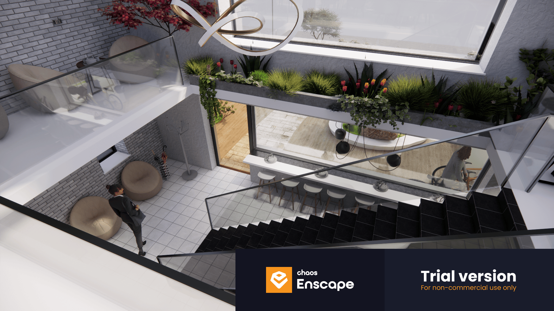 A modern indoor space with a glass railing staircase, potted plants, a person standing near lounge chairs, and large windows letting in natural light. Trial version and Enscape logos appear at the bottom right.