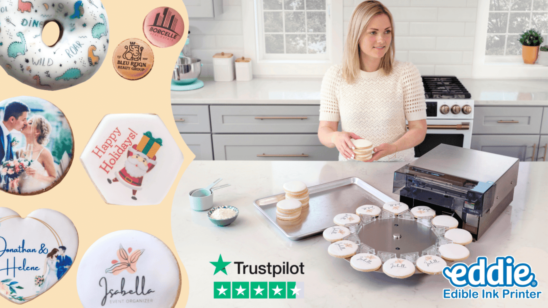 A woman in a bright kitchen uses an edible ink printer to decorate cookies. Nearby, printed cookies with custom images and messages are displayed. Trustpilot rating and eddie Edible Ink Printer logo are also visible.