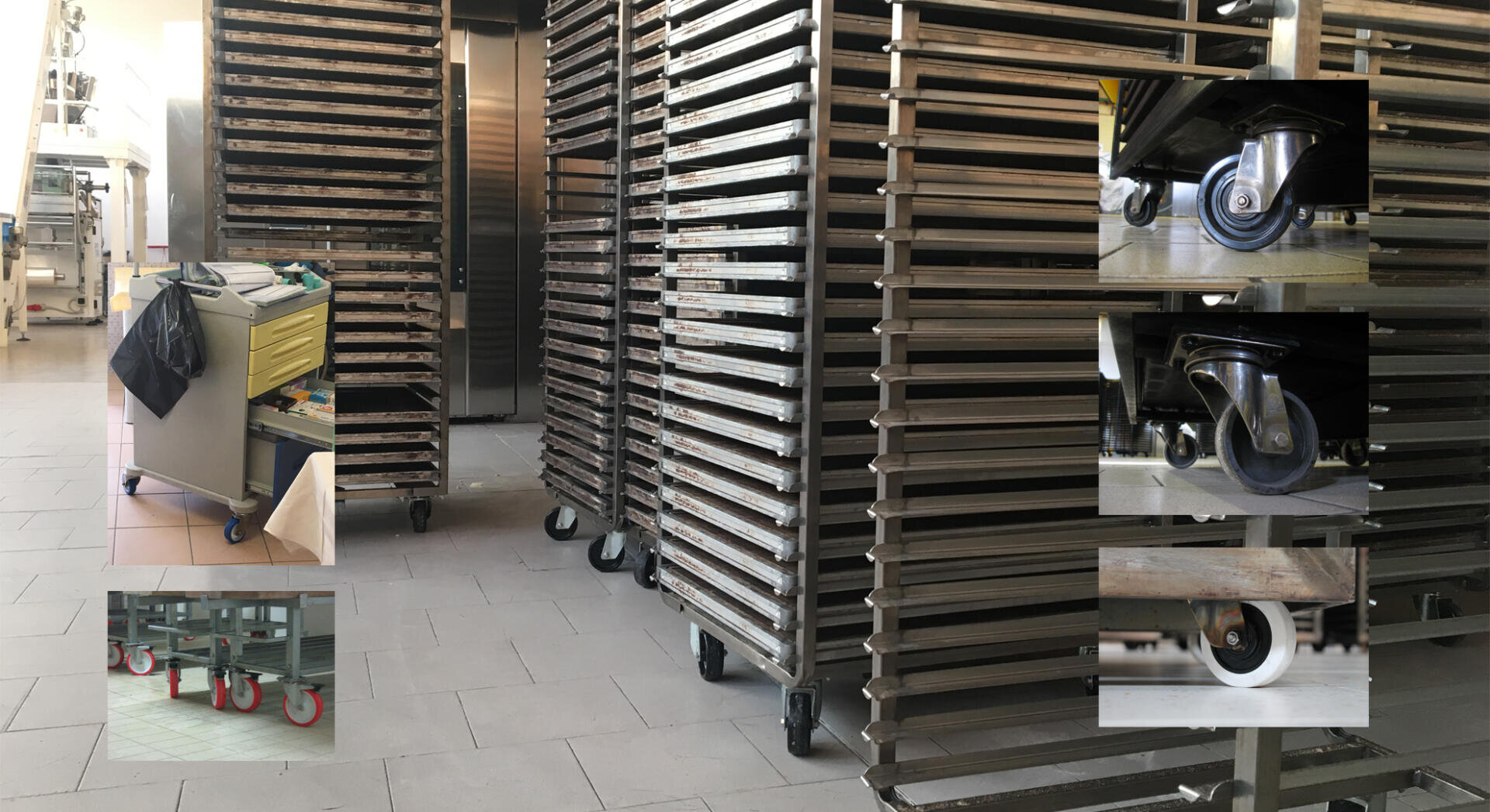 A commercial kitchen with multiple metal racks on wheels, a yellow utility cart, and close-up images of various caster wheels, highlighting different wheel types and designs used on the carts and racks.