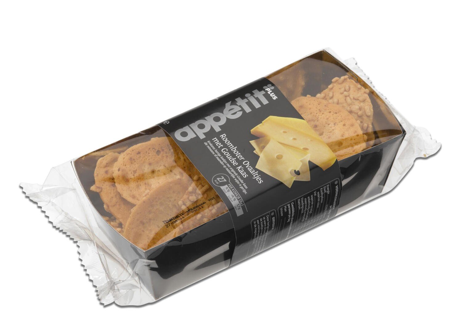 Eine Packung Haferkekse der Marke Appétit Romany Creams, teilweise in durchsichtiges Plastik eingewickelt, mit einem schwarzen Etikett, auf dem eine Abbildung von Käsescheiben zu sehen ist.