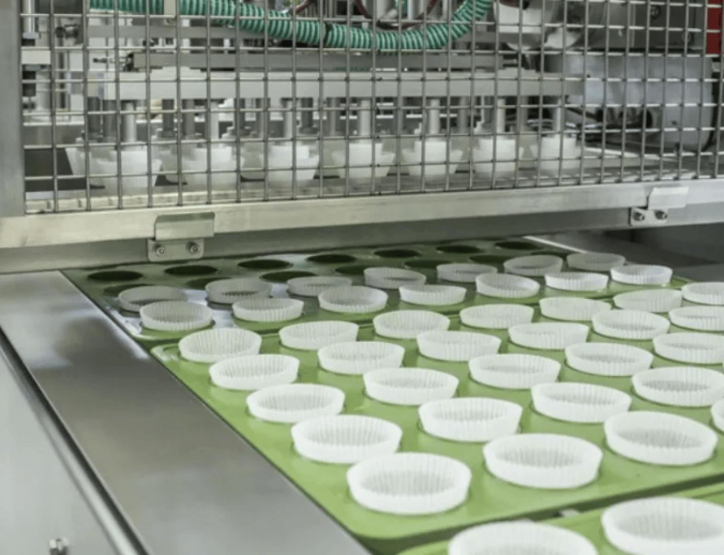 Reihen leerer weißer Muffinförmchen sind auf einem Förderband unter einem Metallgitter in einer industriellen Backanlage angeordnet und für die automatische Produktion vorbereitet.