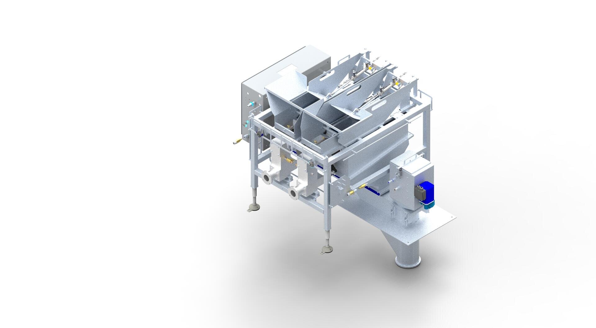 Eine metallische Industriemaschine mit mehreren Rutschen, Rohren und Fächern steht auf Stützfüßen und ist für die Verarbeitung oder Sortierung von Materialien in einer sauberen, weißen Umgebung konzipiert.