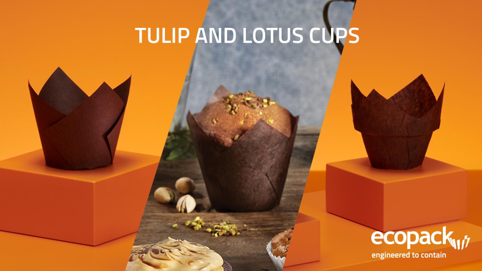 Three brown tulip and lotus muffin cups are displayed on orange platforms, with one holding a muffin topped with nuts. The text reads TULIP AND LOTUS CUPS and ecopack engineered to contain.