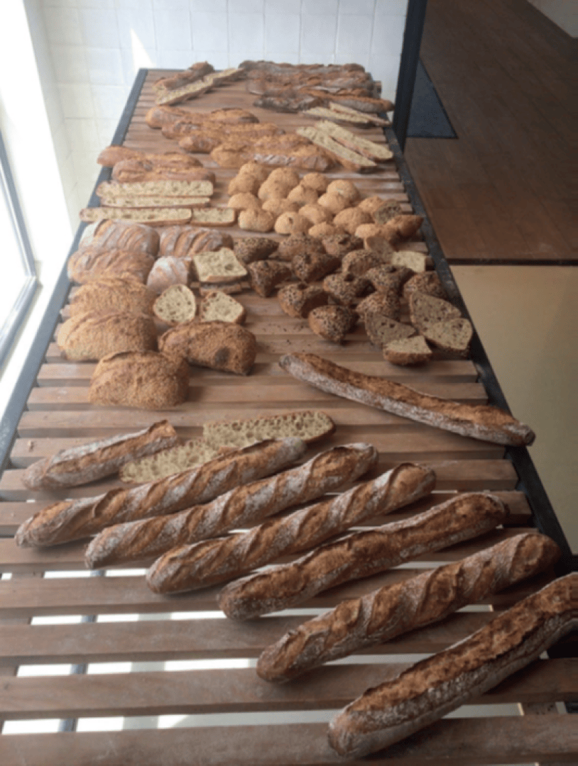 A variety of freshly baked bread, including baguettes, loaves, rolls, and sliced bread, is arranged on a wooden slatted table by a window in a bakery.