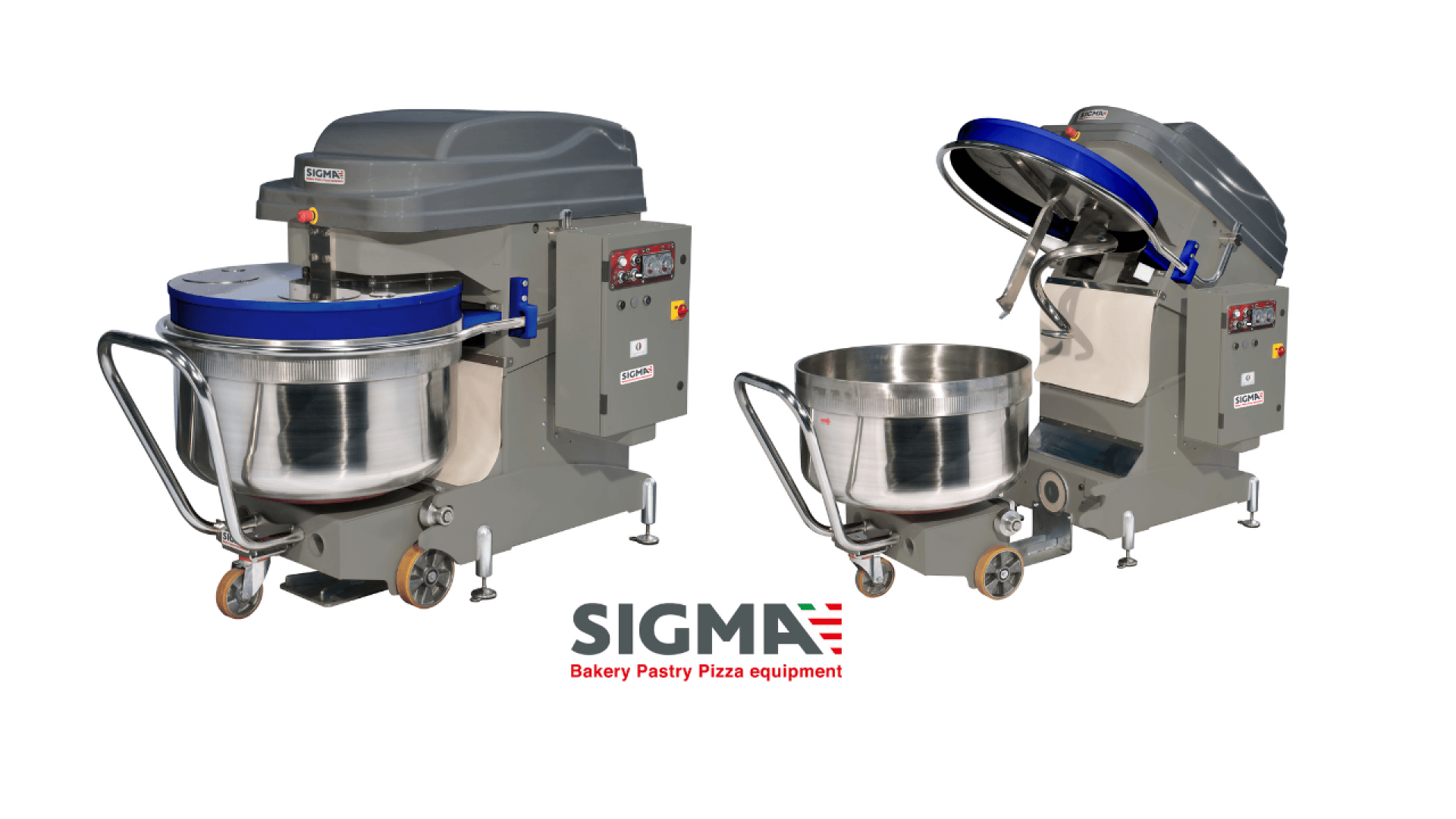 Two industrial mixers with stainless steel bowls, one with the lid closed and the other with the lid open, displayed on a white background. The SIGMA logo and text “Bakery Pastry Pizza equipment” are below.