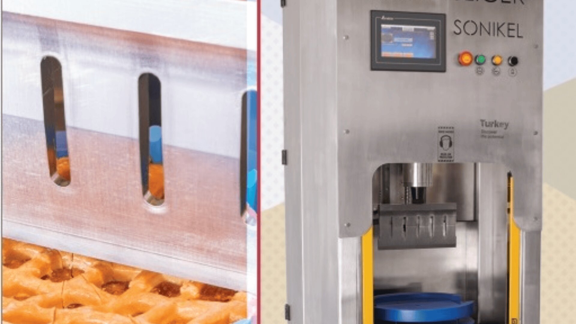 A close-up of a machine with a digital display and control buttons, next to a waffle partially covered by a metal component, suggesting automated food processing or cutting equipment.