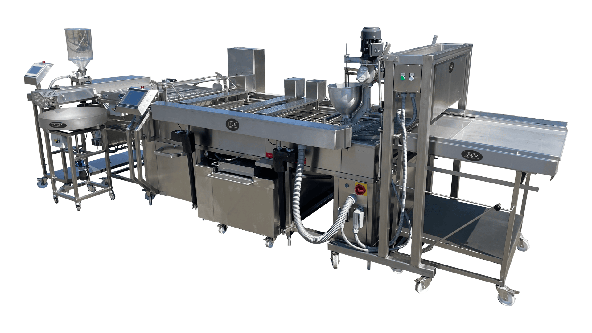 A large, stainless steel industrial food processing machine with multiple conveyor belts, control panels, mixing bowls, and attached equipment, all on wheels, isolated on a white background.