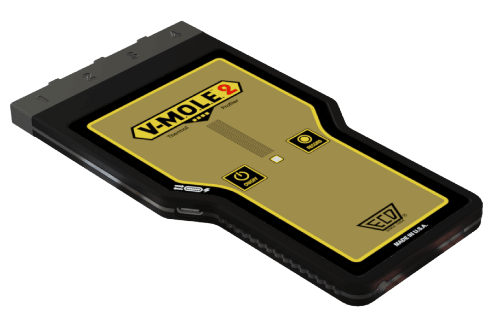 A handheld electronic device labeled V-MOLE 2 with buttons and indicators on its front panel, featuring a black and gold color scheme and a connector strip at the top.