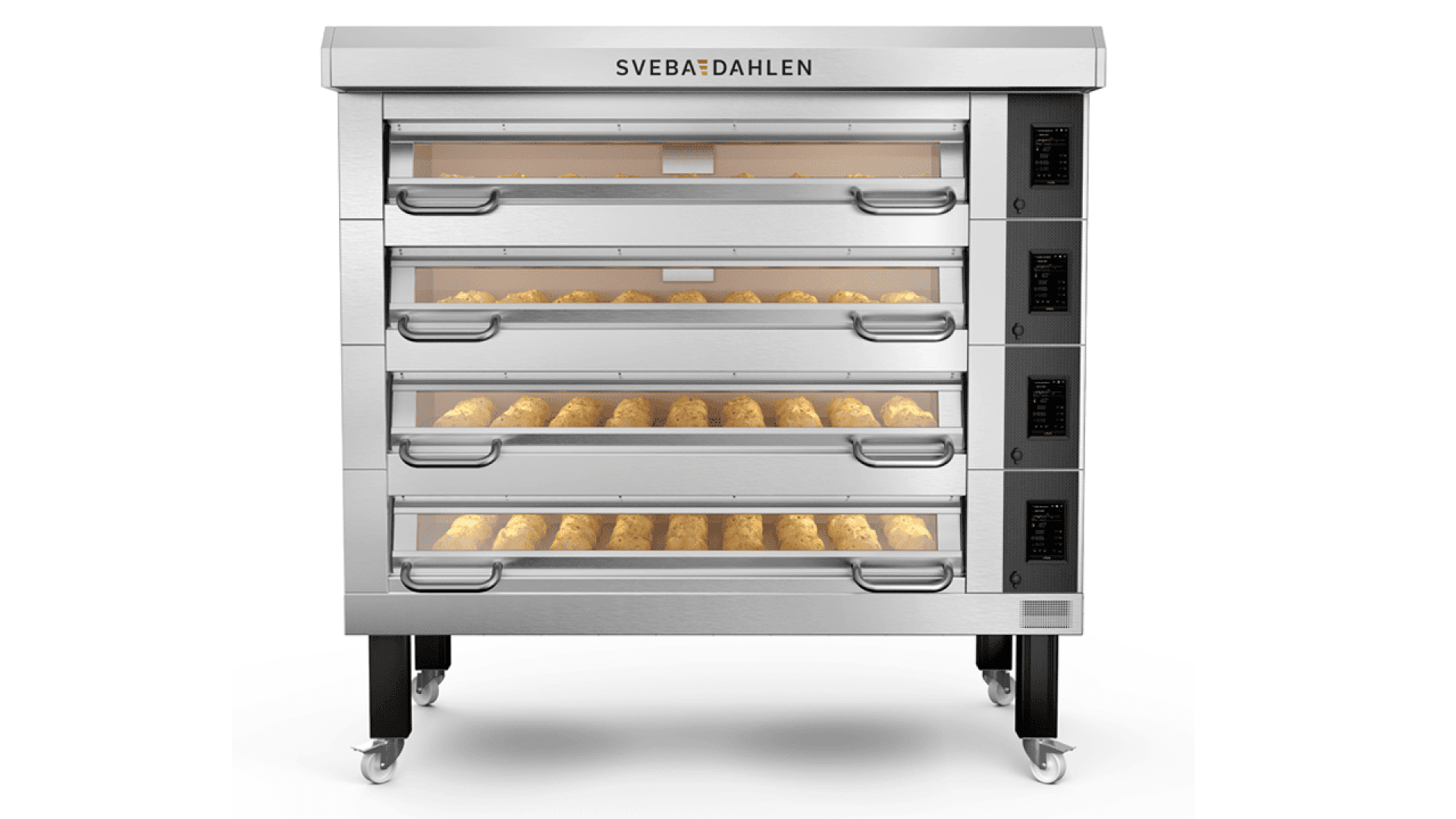 Ein großer gewerblicher Backofen aus Edelstahl mit vier Glasfächern, die jeweils mit Brotteigschalen gefüllt sind, und digitalen Bedienelementen an der Seite. Der Markenname Sveba Dahlen ist auf der Oberseite angebracht.