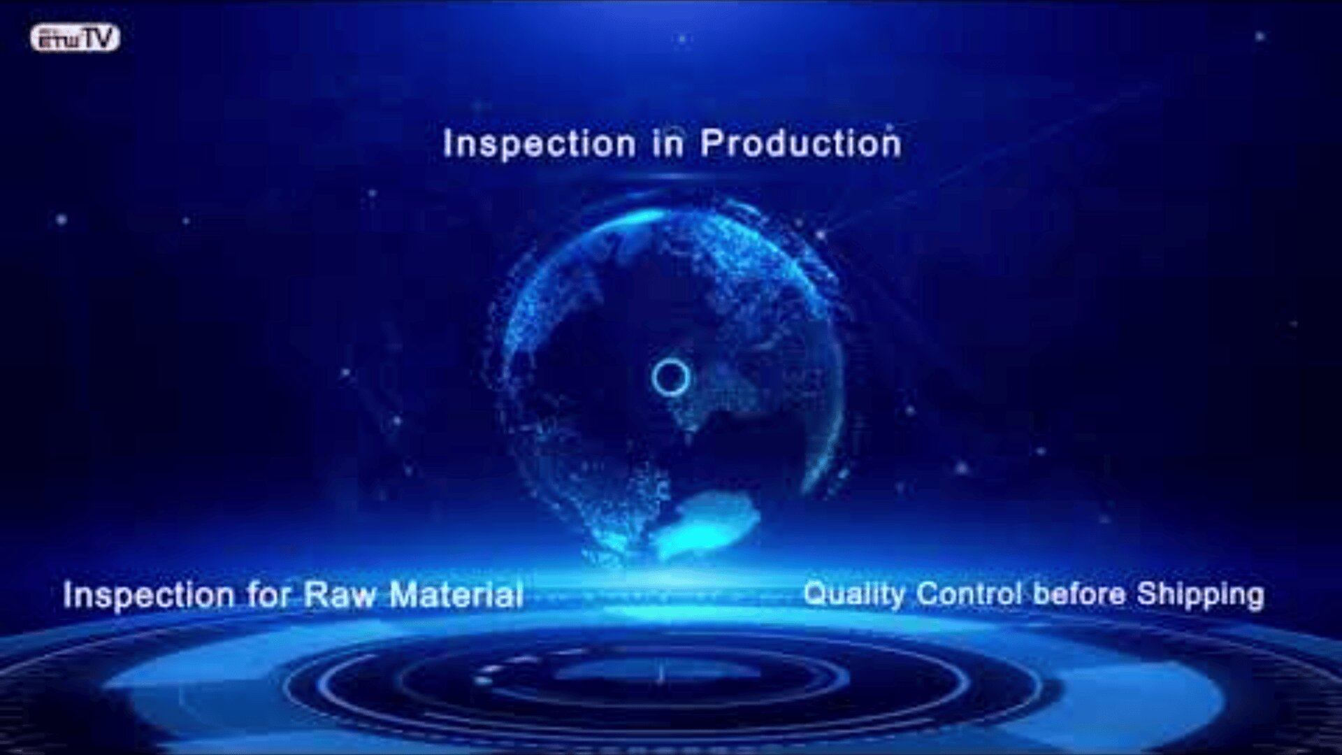 A digital globe with glowing blue effects displays the phrases Inspection in Production, Inspection for Raw Material, and Quality Control before Shipping on a futuristic, dark blue background with circular patterns.