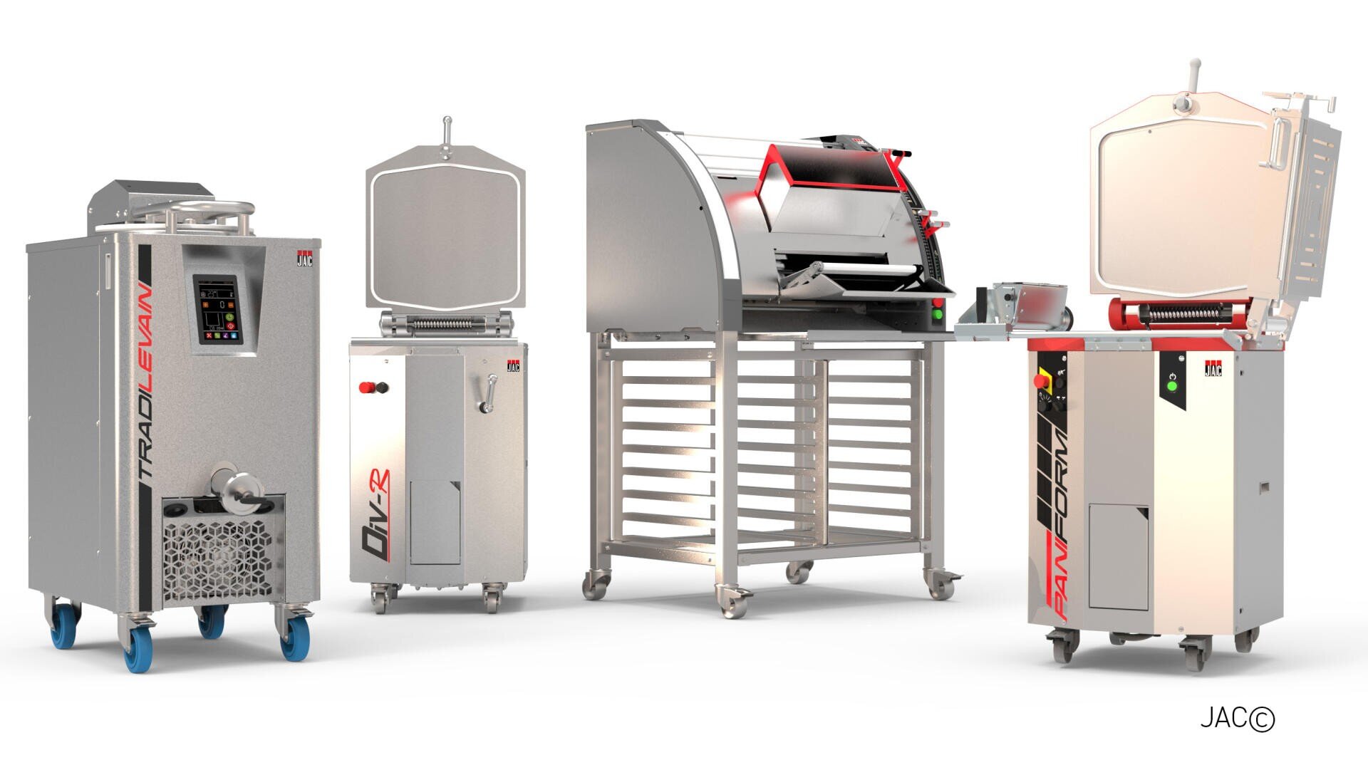 Vier industrielle Küchengeräte, darunter Mixer und Öfen, sind vor einem weißen Hintergrund abgebildet. Die Geräte sind aus Metall, haben digitale Bedienfelder, Räder und ein rundes oder eckiges Design.