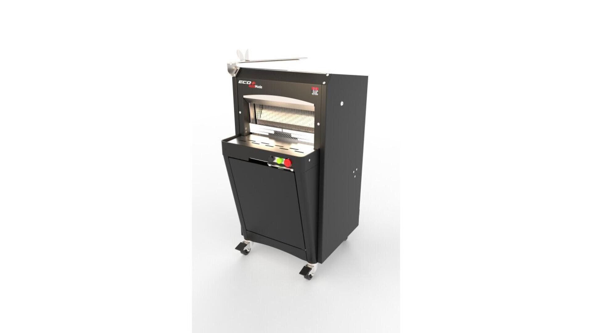 A black industrial bread slicer machine with a visible cutting area, control buttons on the front, and mounted on small wheels, set against a plain white background.