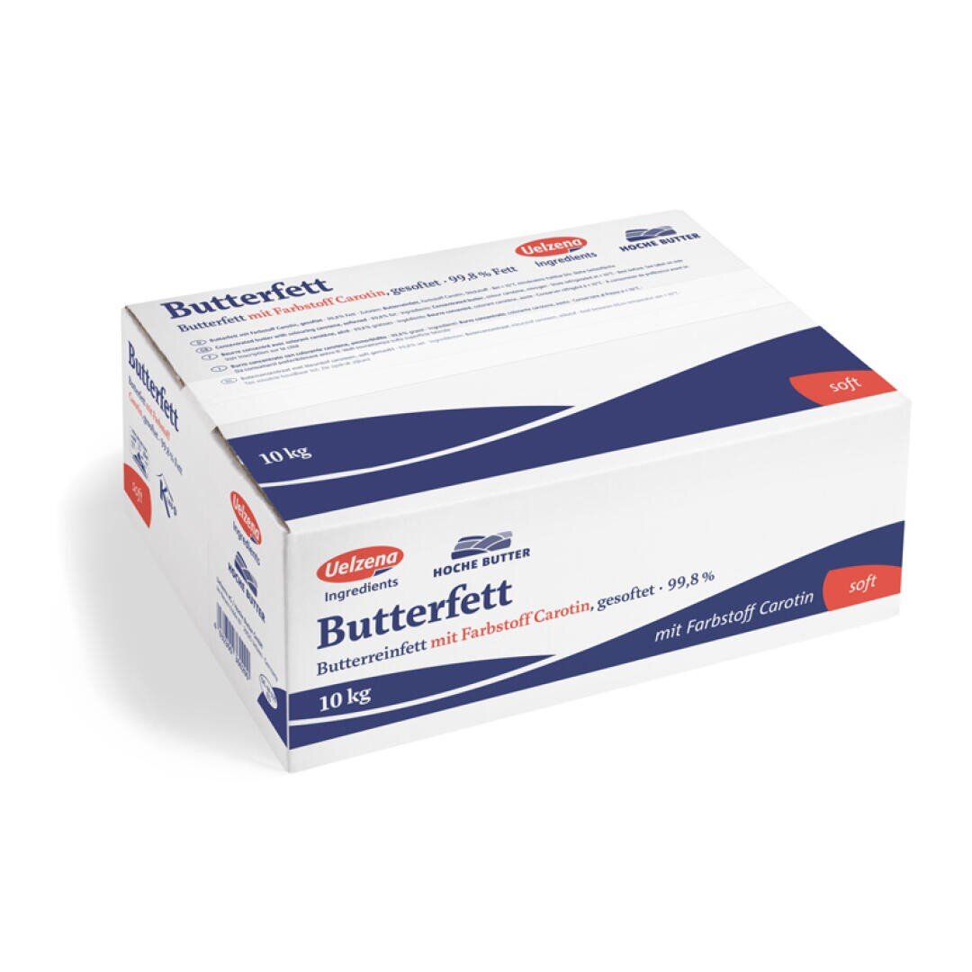 Eine weiß-blaue 10-kg-Schachtel mit der Aufschrift Butterfett, mit roten Akzenten und deutschem Text, der darauf hinweist, dass es sich um geklärtes Butterfett mit Farbstoff handelt. Der Markenname Velezna erscheint in der oberen linken Ecke.