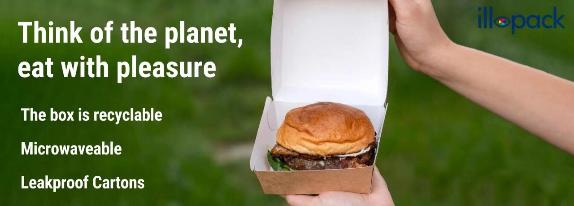 A person holds an open recyclable carton containing a burger. Text reads: Think of the planet, eat with pleasure. The box is recyclable. Microwaveable. Leakproof Cartons. The illopack logo is in the top right corner.
