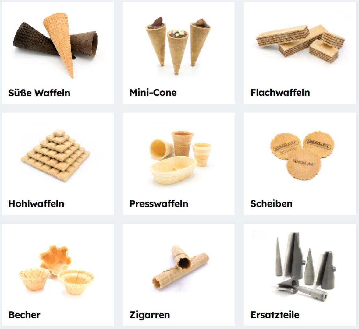 Ein Raster mit verschiedenen Arten von Waffel- und Tütenprodukten, darunter süße Tüten, Mini-Tüten, flache Waffeln, Hohlwaffeln, gepresste Waffeln, Waffelscheiben, Becher, Waffelrollen und Metallersatzteile.
