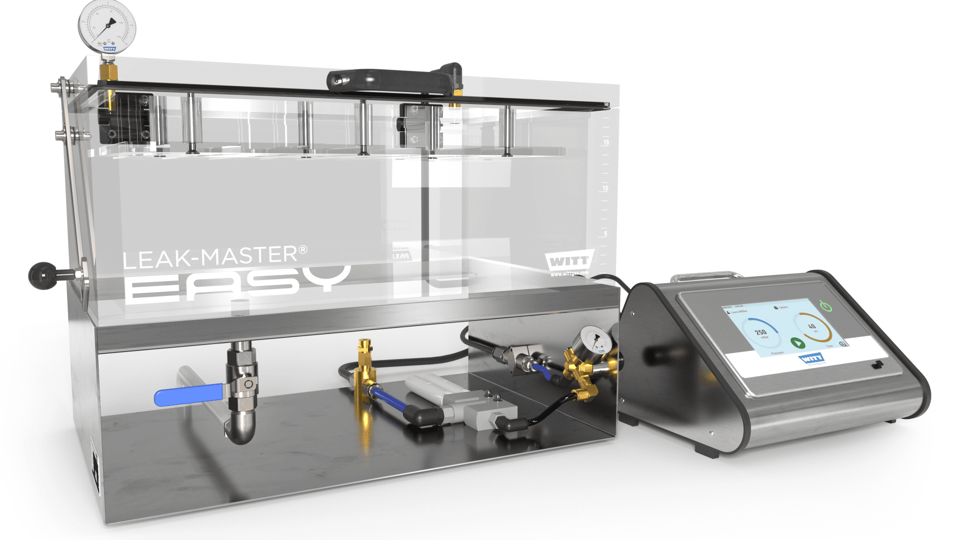Ein LEAK-MASTER EASY Gerät mit einer transparenten Kammer, mechanischen Ventilen, Messgeräten und einem digitalen Bedienfeld, das die Prüfergebnisse auf einem Touchscreen anzeigt. Das Gerät ist für die Dichtheitsprüfung konzipiert.