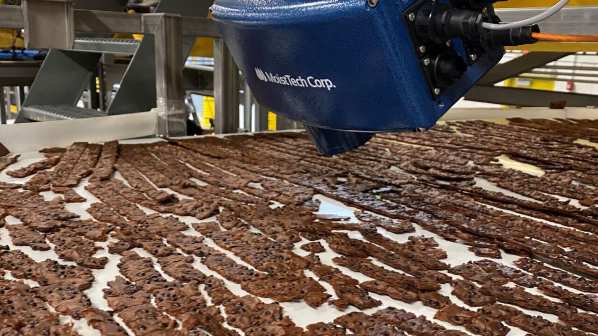 Nahaufnahme einer Maschine mit der Aufschrift MasiTech Corp., die Reihen von unregelmäßigen Lebensmittelstreifen, möglicherweise Dörrfleisch oder Snacks, auf einem Förderband in einer Fabrik inspiziert.
