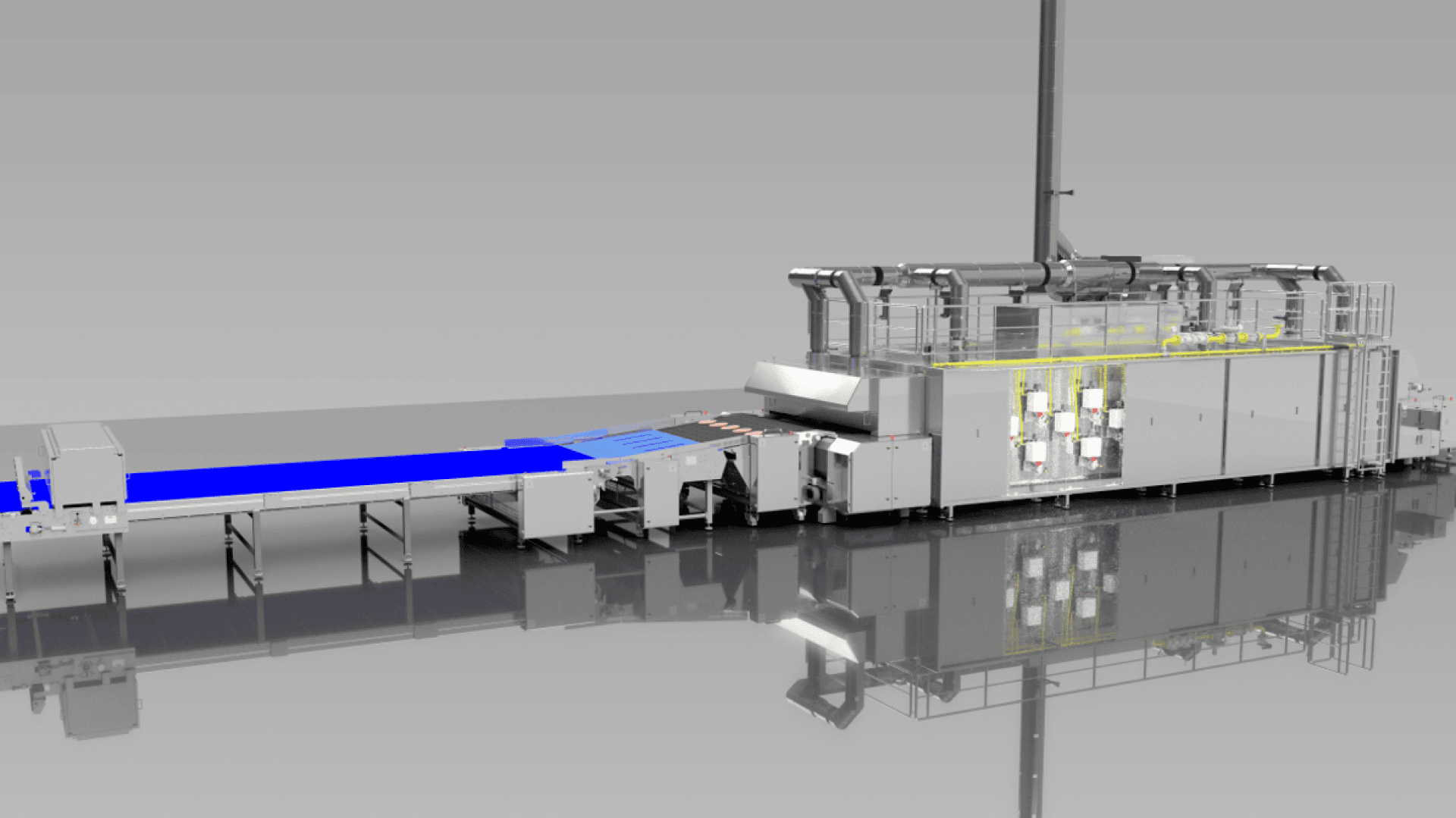 A large industrial machine with a blue conveyor belt, metallic components, and a central processing unit in a clean, reflective environment, likely used for automated manufacturing or packaging.