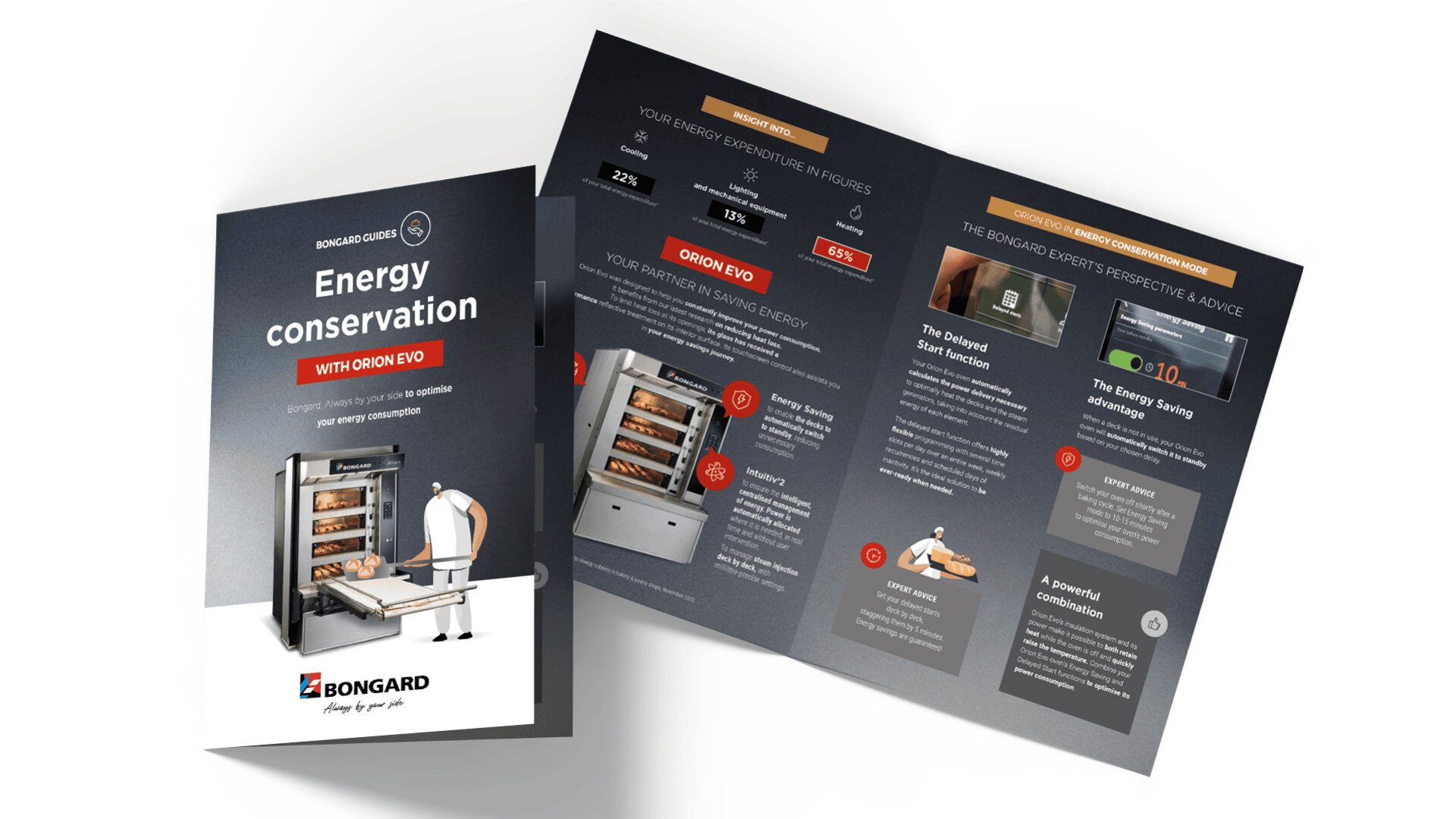 A brochure for Bongard’s GROW EVO energy conservation system is open to reveal details and images of bakery equipment, energy-saving statistics, expert advice, and a person placing trays in an oven.