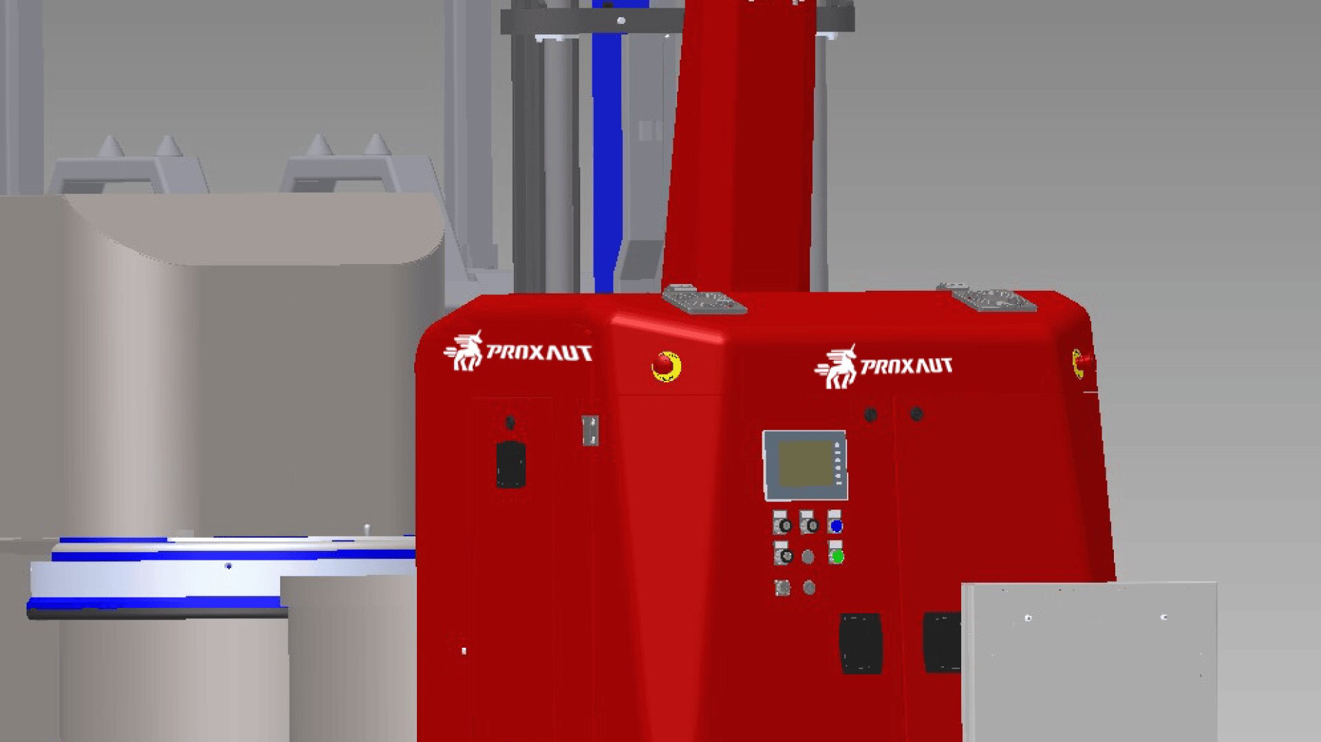 A red industrial machine with the logo PRONAUT and a control panel on its front, positioned indoors near gray and blue equipment.