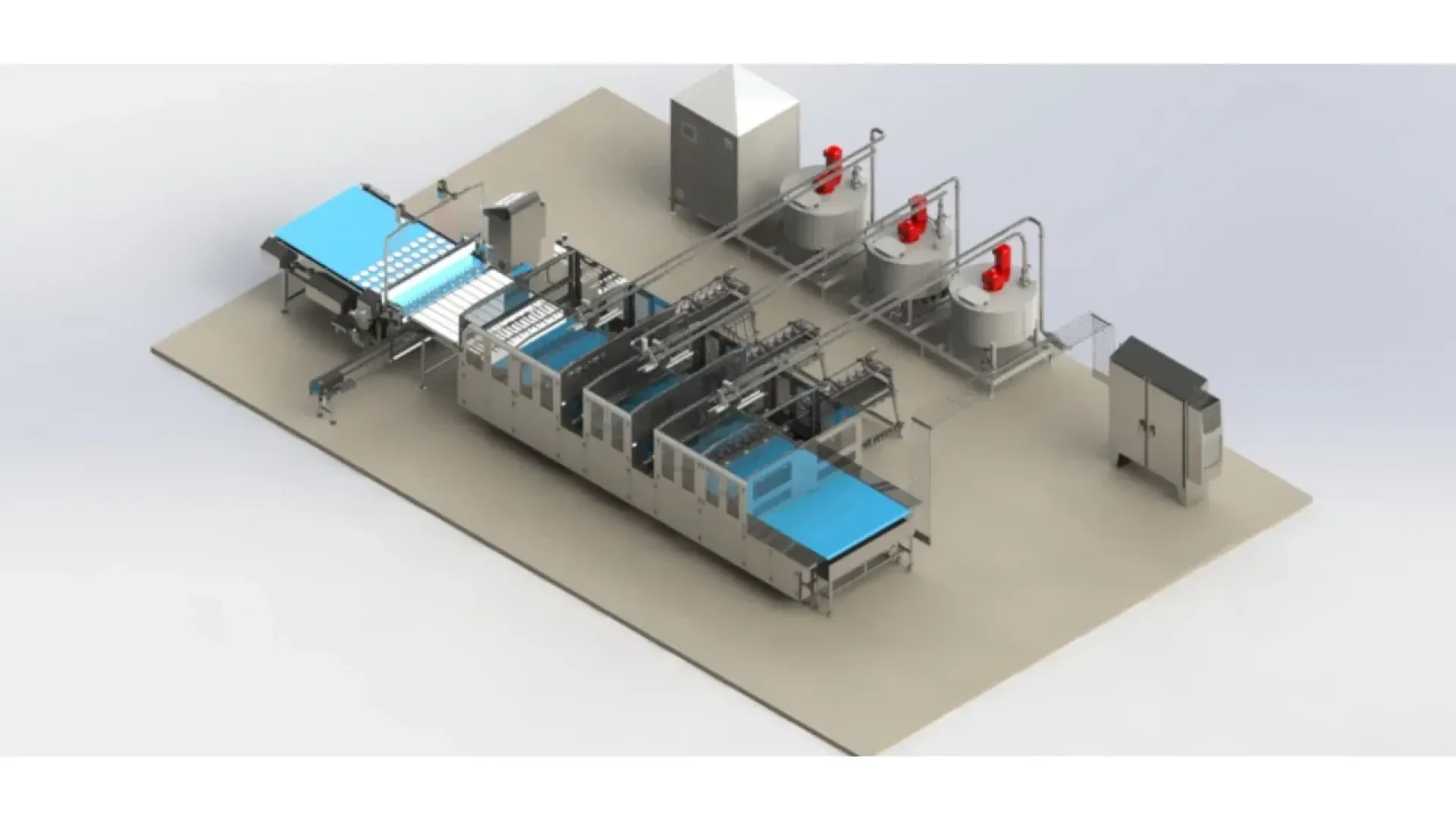 3D rendering of an automated industrial food processing line with conveyor belts, multiple stainless steel machines, mixing tanks with red motors, and a control panel on a rectangular platform.