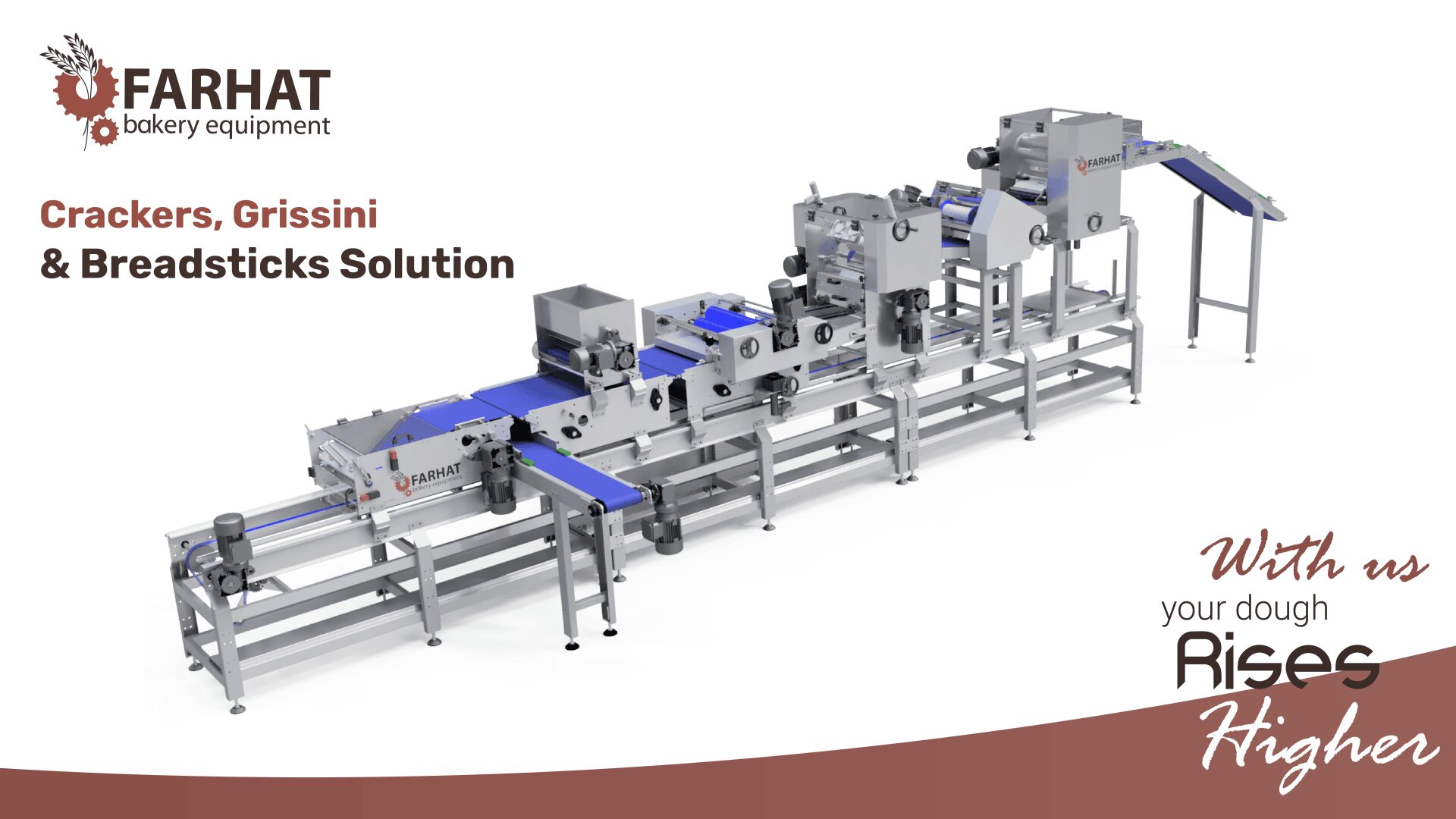 Automated bakery production line for crackers, grissini, and breadsticks, with Farhat Bakery Equipment branding and the slogan, With us your dough rises higher.