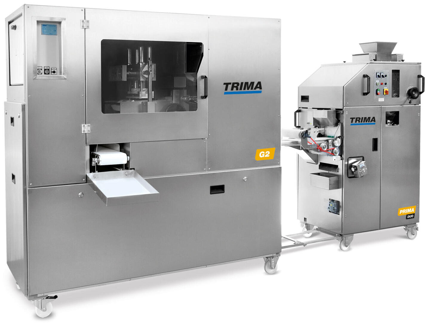 Zwei große industrielle Bäckereimaschinen aus Edelstahl mit der Bezeichnung TRIMA, die durch ein Förderband verbunden sind und für die automatische Teigverarbeitung und -formung in gewerblichen Backbetrieben eingesetzt werden.
