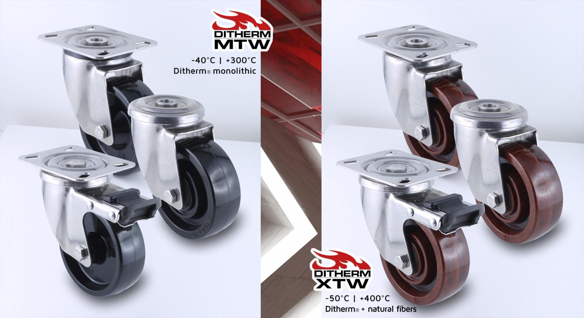 Four industrial caster wheels are shown; two on the left labeled Ditherm monolithic (black and brown), and two on the right labeled Ditherm natural fibers (black and brown). Temperature ranges are displayed for each type.