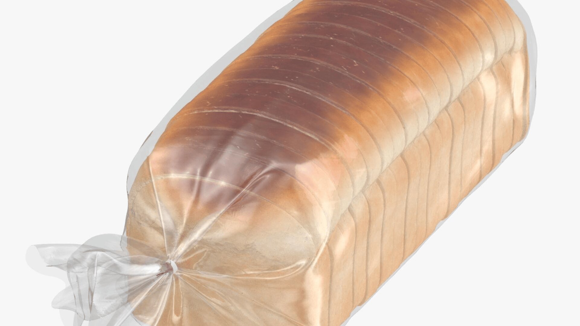 A loaf of sliced white bread in a clear plastic bag, sealed with a twist tie, on a plain white background.