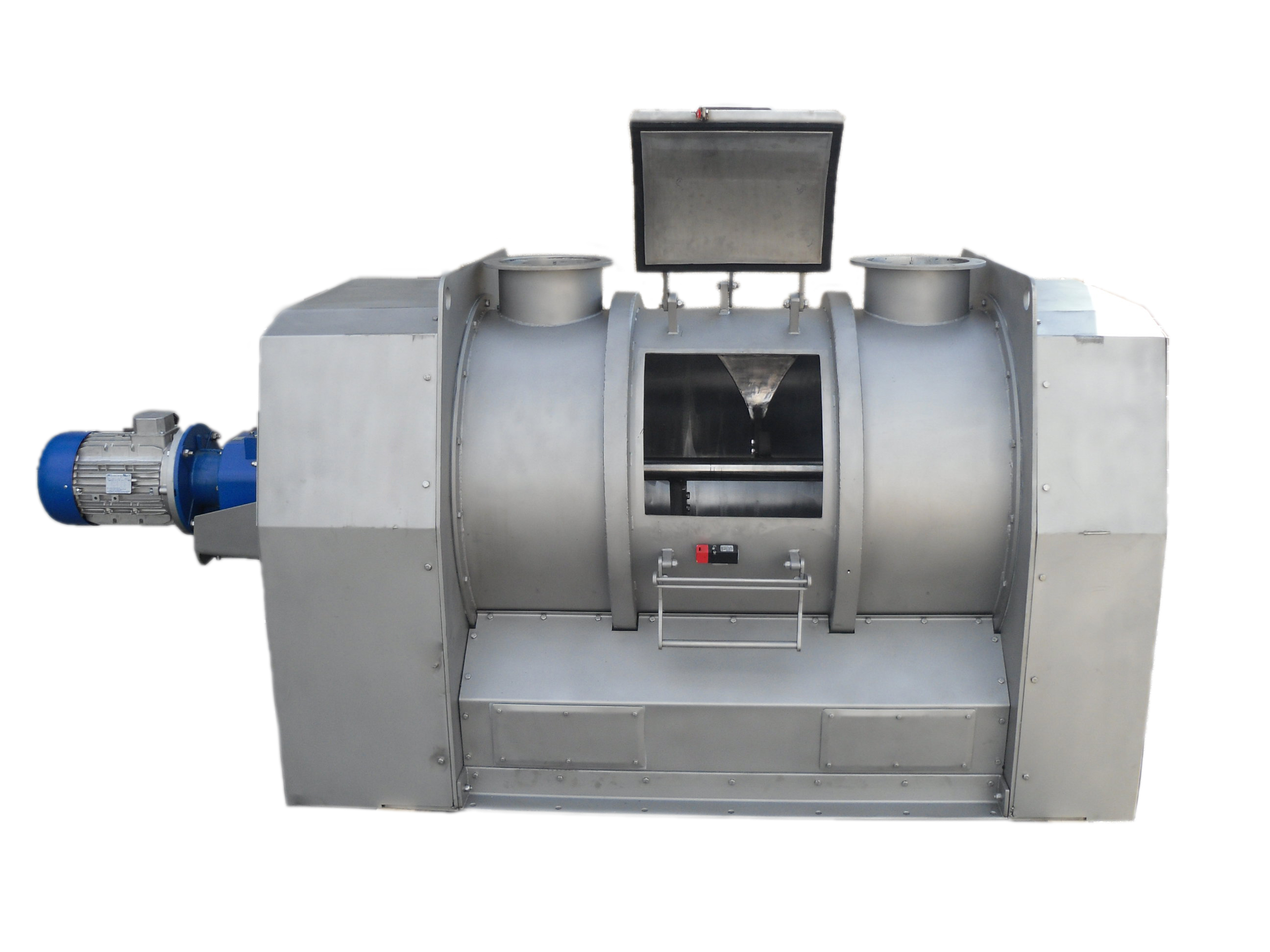 Industrial stainless steel horizontal mixer with an open top hatch, visible internal mixing paddles, and an attached electric motor on the left side, isolated on a white background.