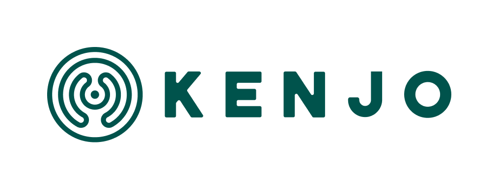 The image shows the Kenjo logo with a circular abstract icon on the left, resembling a fingerprint, followed by the word KENJO in bold, dark green capital letters.
