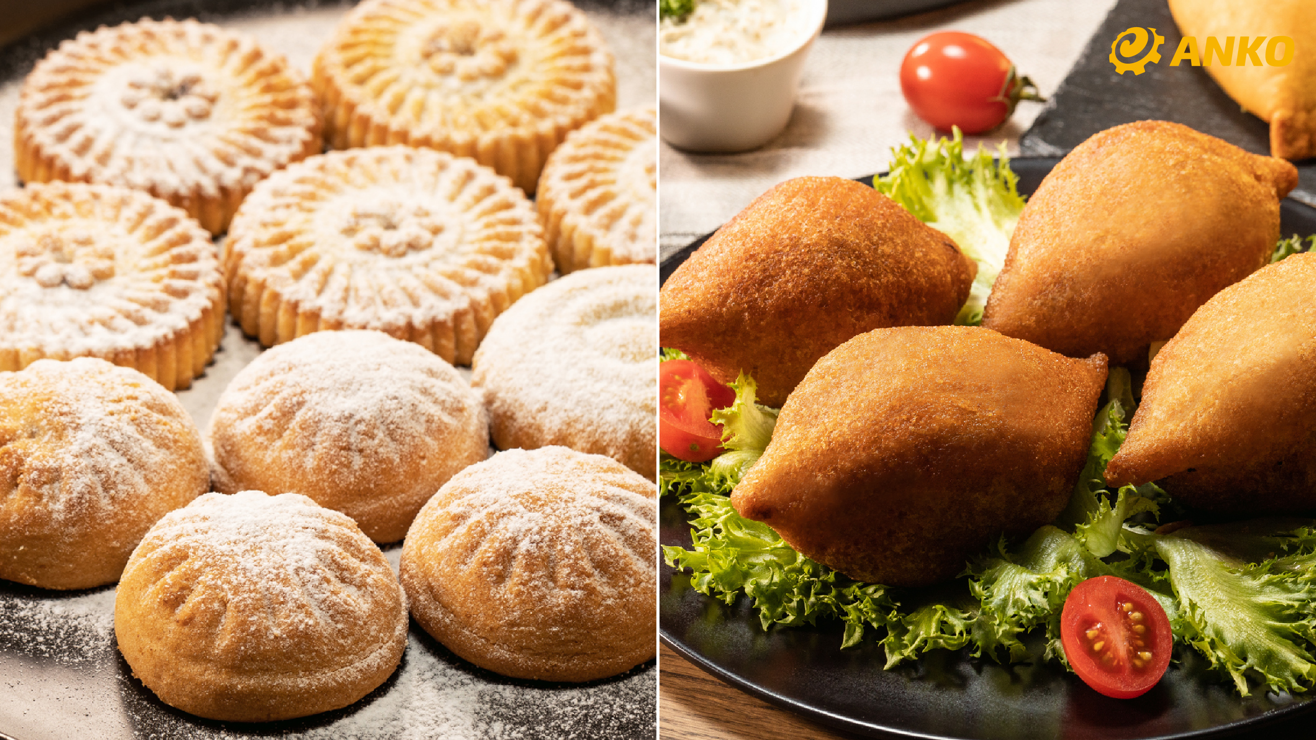 Ein geteiltes Bild, das links mit Puderzucker bestäubtes Gebäck und rechts goldenes, frittiertes Gebäck mit Salat und Kirschtomaten zeigt. In der rechten oberen Ecke ist ein gelbes ANKO-Logo zu sehen.