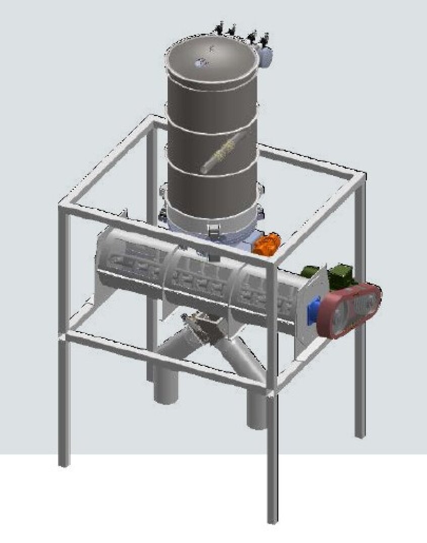 3D model of industrial equipment featuring a vertical cylindrical vessel on top of a horizontal cylindrical chamber, both supported by a metal frame with four legs; electric components are attached to the side.