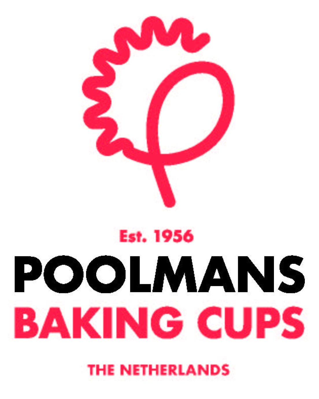 Logo with a red abstract cupcake design above the text Est. 1956 POOLMANS BAKING CUPS THE NETHERLANDS in bold black and red letters on a white background.